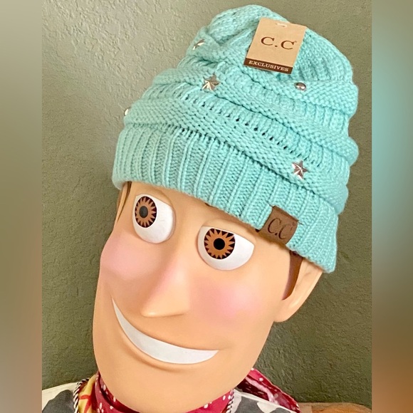 New Adult Size CC Winter Mint Green Preppy Cable Knit Hat Beanie w/ Stars & Dots - Picture 2 of 6